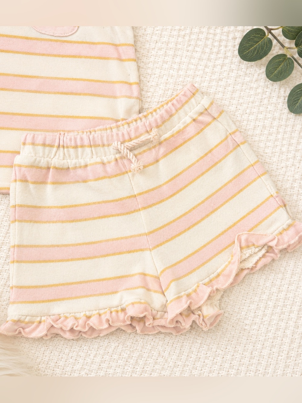 Easy Peasy Girls 2Pc Lounge Set 4T Pink Yellow Stripe Tank & Ruffle Shorts - Picture 3 of 6
